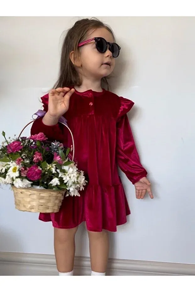 Детское бархатное платье для девочек с длинным рукавом Lotus Kids, Burgundy — фото 4