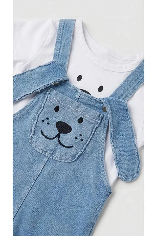 Детский комбинезон для девочек с принтом Baby dog figured appliqued denim look salopet bodysuit double set Sabi, White — фото 4