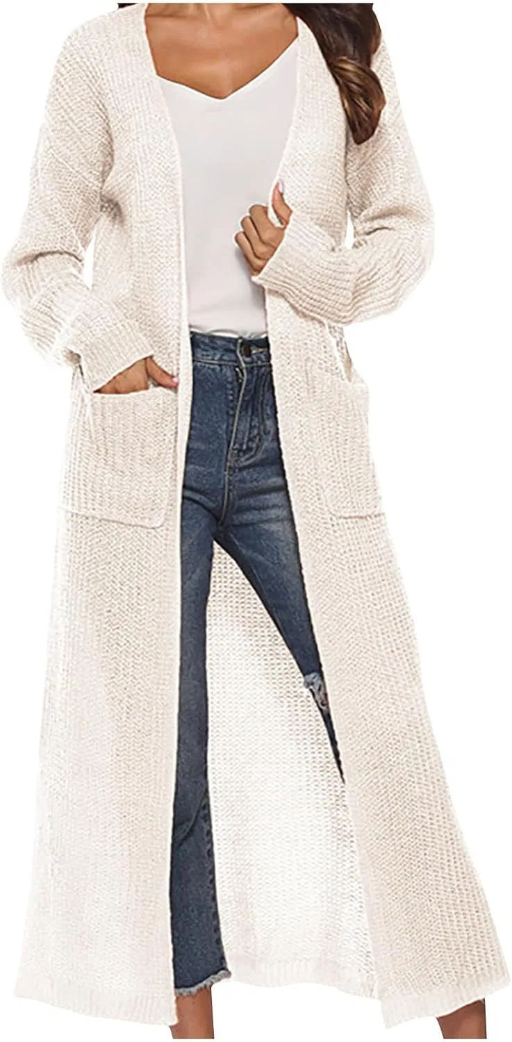 Женский вязаный кардиган макси с ажурным узором Open Front, White