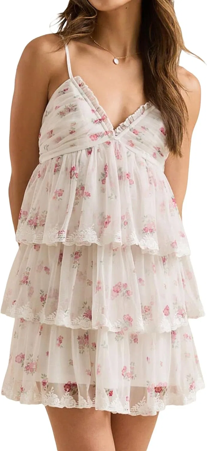 Женское мини-платье с кружевной отделкой богемное sleeveless, C-white