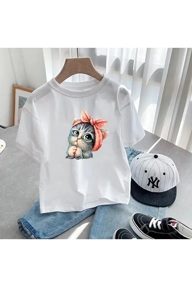 Детская футболка с принтом Cute Kitten T-Shirt With White Bow Machetta, White — фото 3