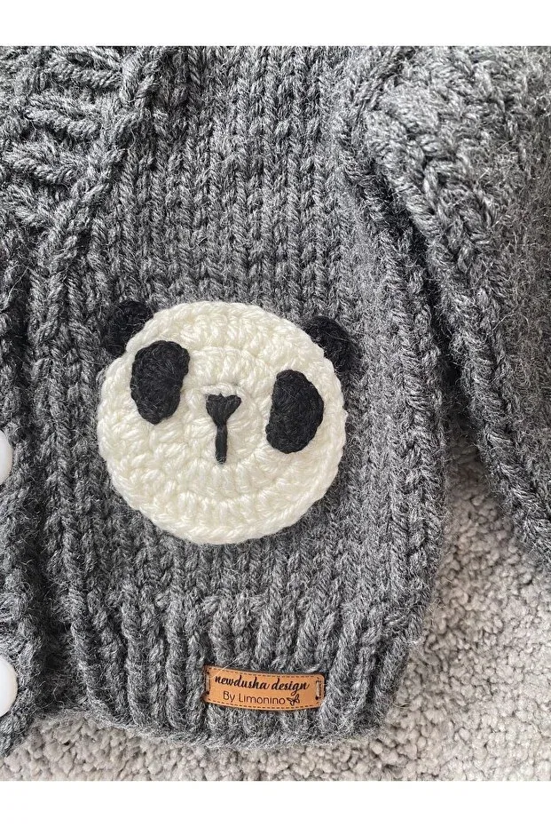 Детский кардиган для мальчиков с принтом Hand Knitted Cute Panda Detailed Nevalin, Gray — фото 3