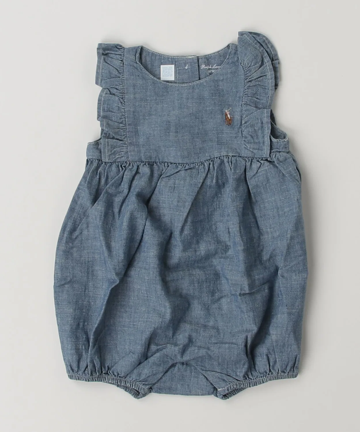Детский боди-комбинезон с рюшами и вышивкой пони Indigo Chambray Bubble Shortall POLO RALPH LAUREN CHILDRENSWEAR, Синий — фото 3