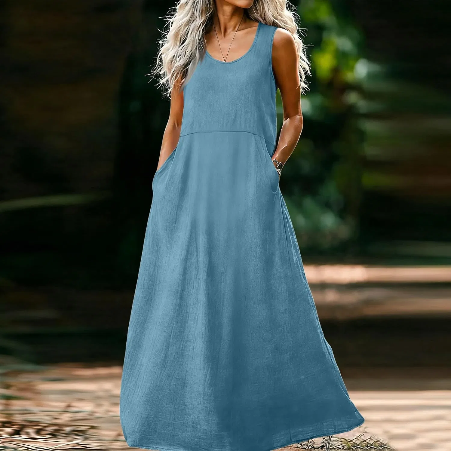 Женское летнее платье миди свободного кроя с карманами, Light Blue — фото 2