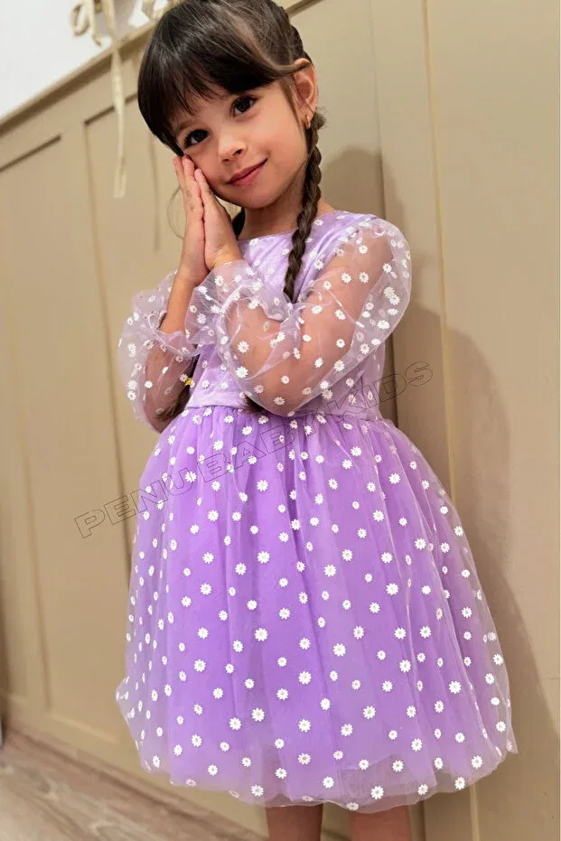 Детское платье для девочек с принтом Lilac Floral Patterned Tulle Skirt and Three Quarter Tulle Sleeve Baby Girl & Girl's Dress - Flower Penu Baby Kids, Lilac