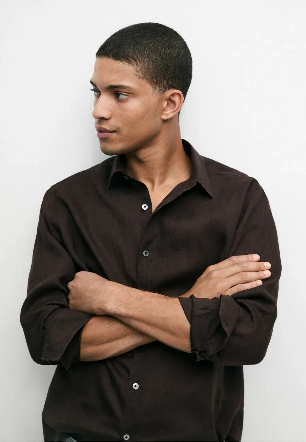 Рубашка из 100% льна, стандартного кроя Massimo Dutti, Dark Brown — фото 3