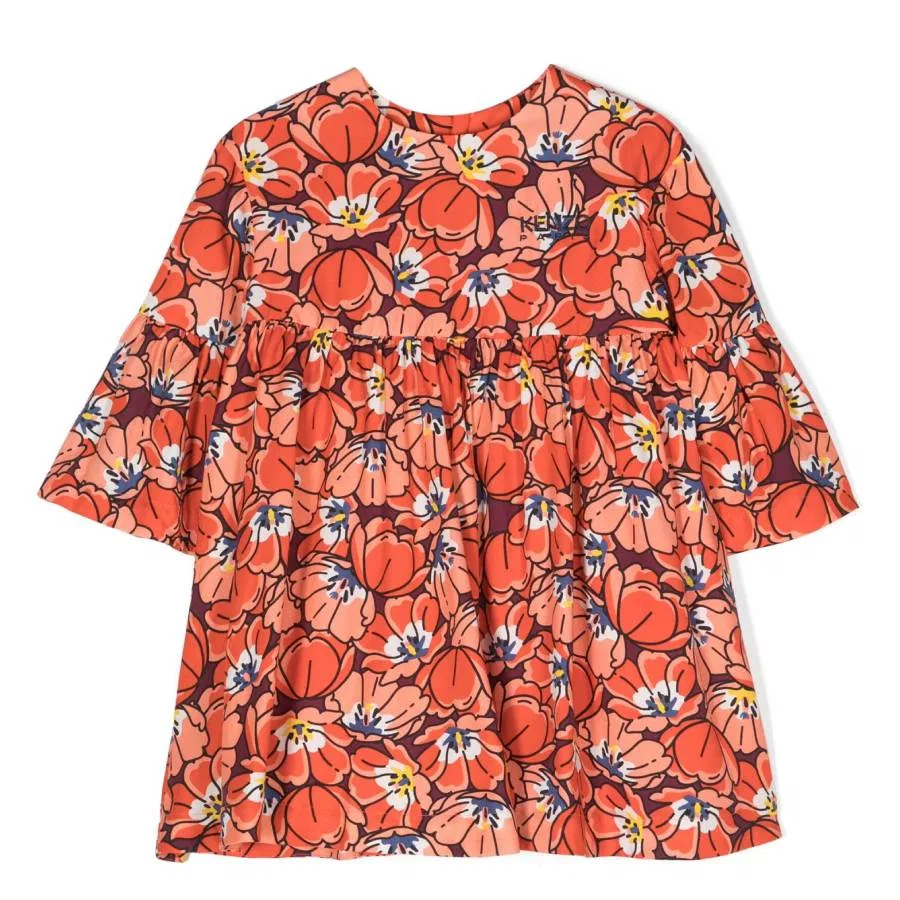 Платье с цветочным принтом Girls Floral Print Lyocell Dress Kenzo, Pink