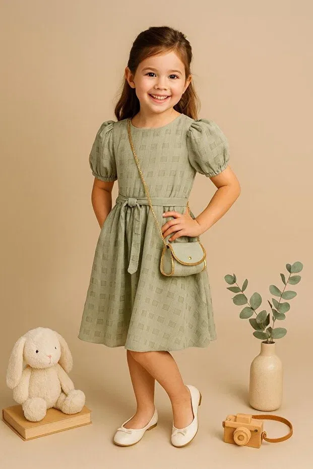 Детское платье для девочек с поясом с коротким рукавом Mary Kids, Khaki
