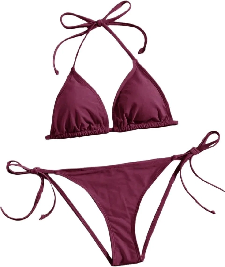 Женский бикини-сет с высокой талией, завязками на спине Generic, Burgundy — фото 2