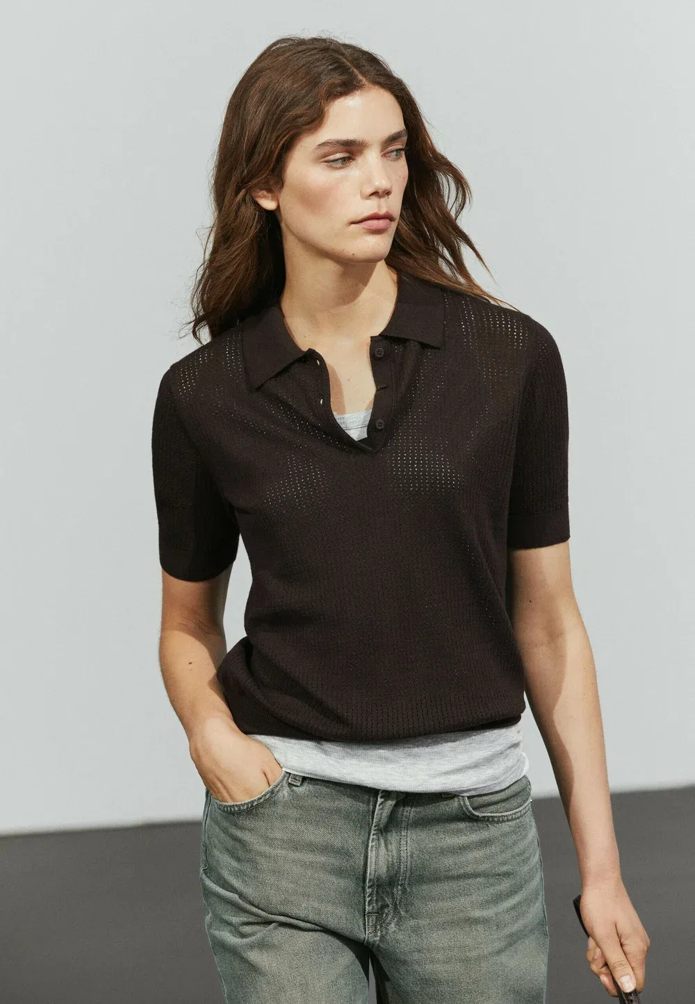 Поло из смесовой хлопковой ткани ажурной вязки - поло Massimo Dutti, Dark Brown