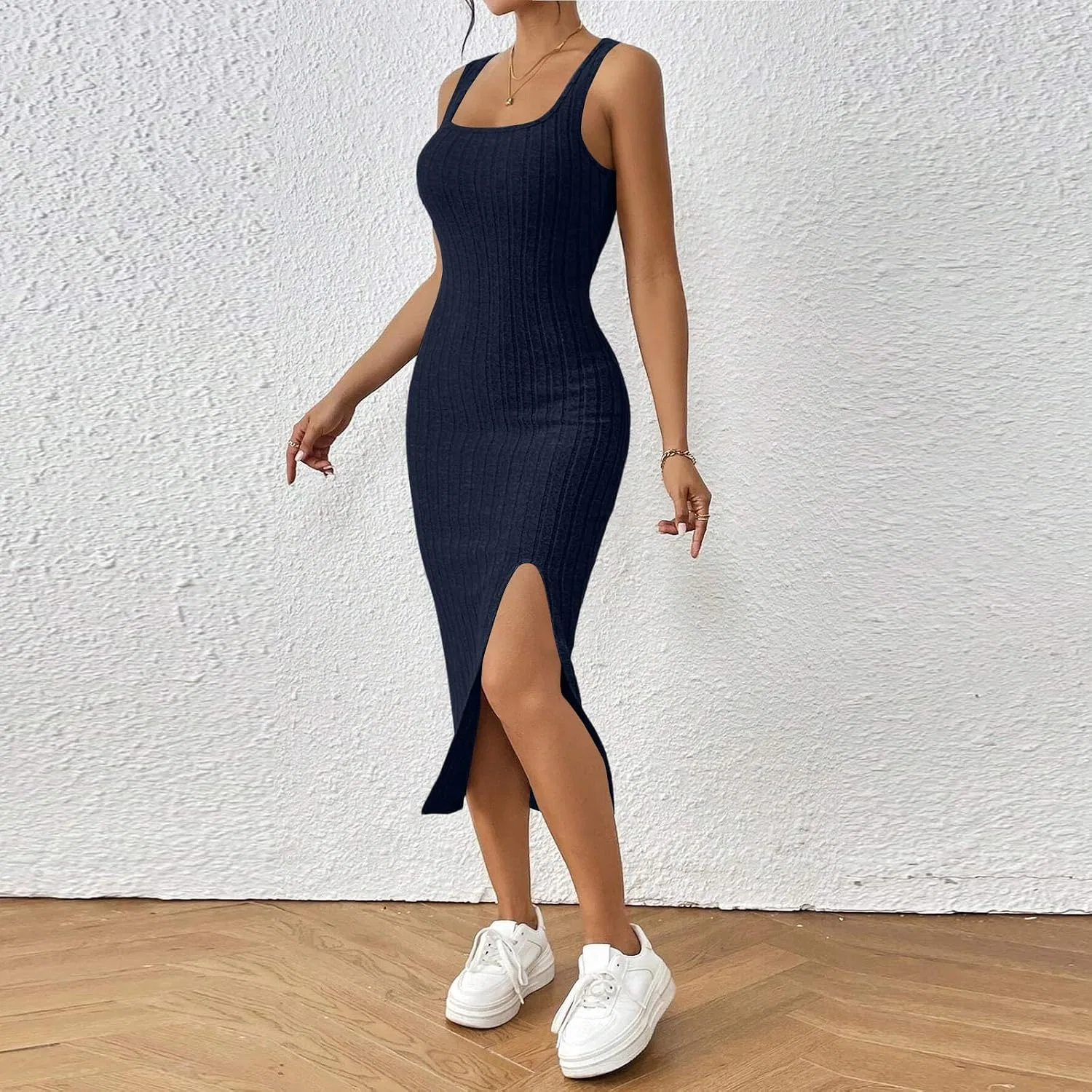 Женское летнее платье-майка с квадратным вырезом Bodycon Side Slit Sundress, Navy — фото 3