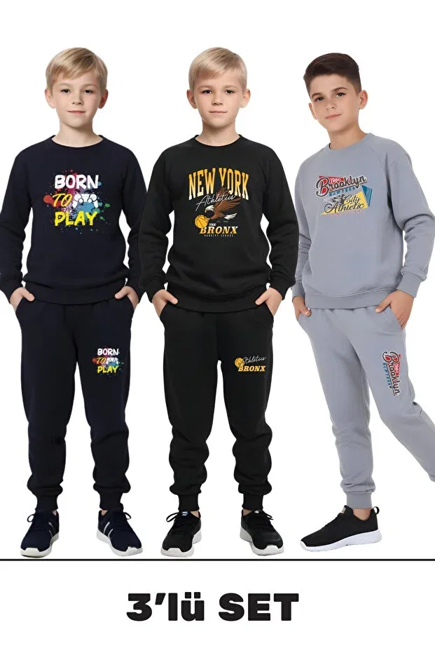 Детский спортивный костюм для мальчиков с принтом 3-предметный Born-Brooklyn-NYC Panios Kids, Black-Gray-Lacquvert
