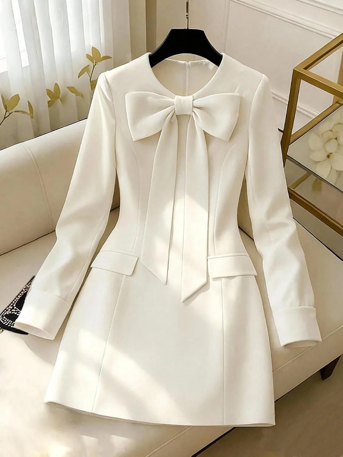 Женское повседневное платье с круглым вырезом и длинным рукавом, White — фото 2