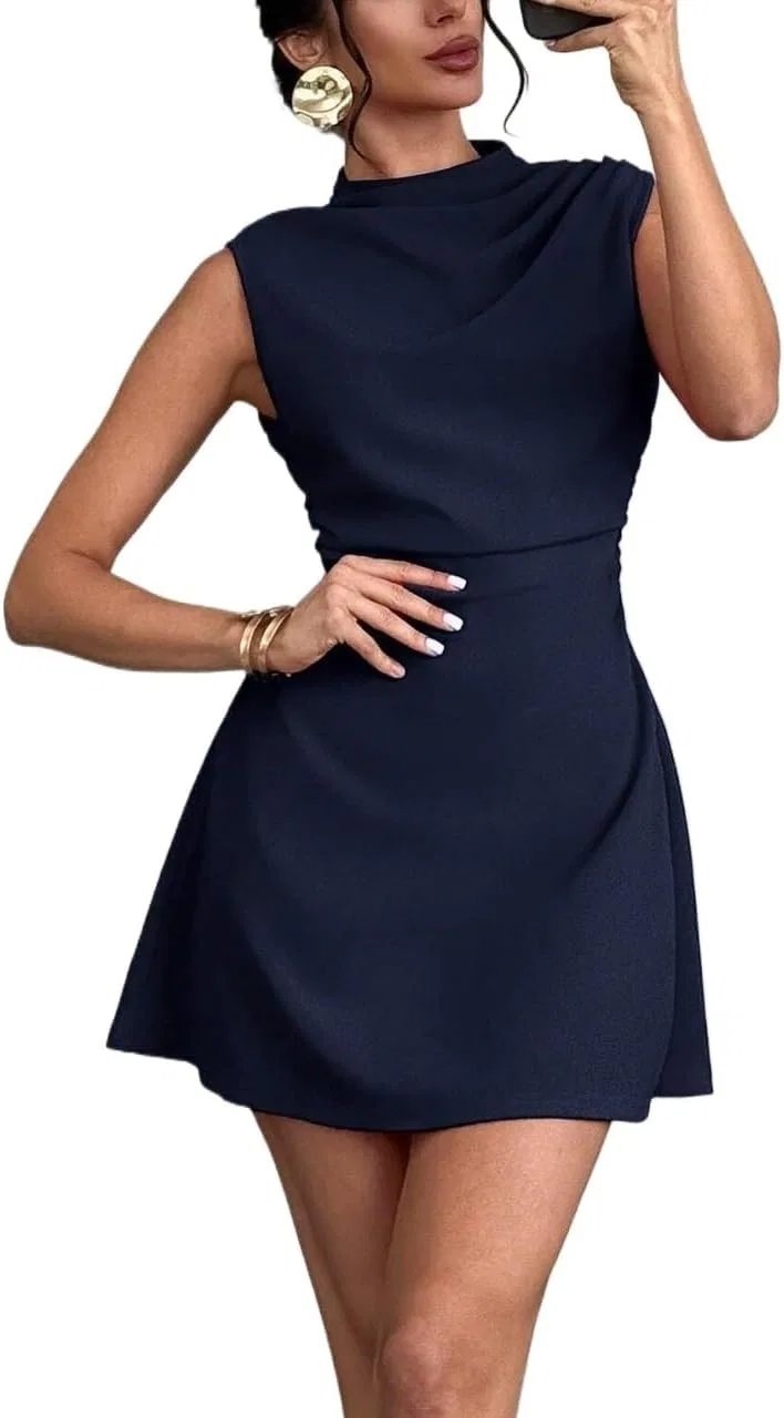 Женское элегантное платье с воротником-хомутом, Navy Blue