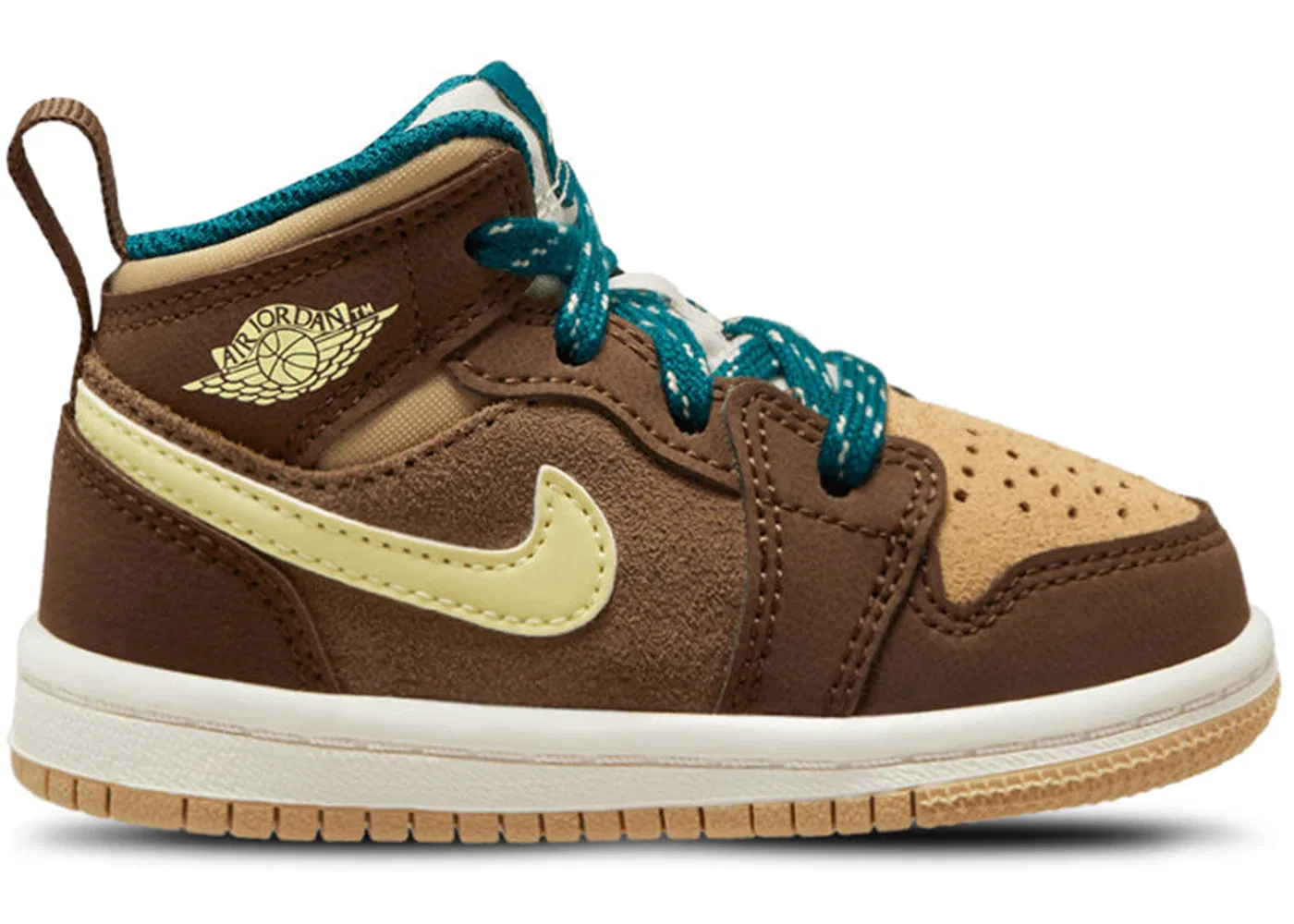 Детские кроссовки Lifestyle Jordan 1 Mid SE Jordan, Cacao Wow/Luminous Green-Ale Brown-Twine-Sail-Geode Teal