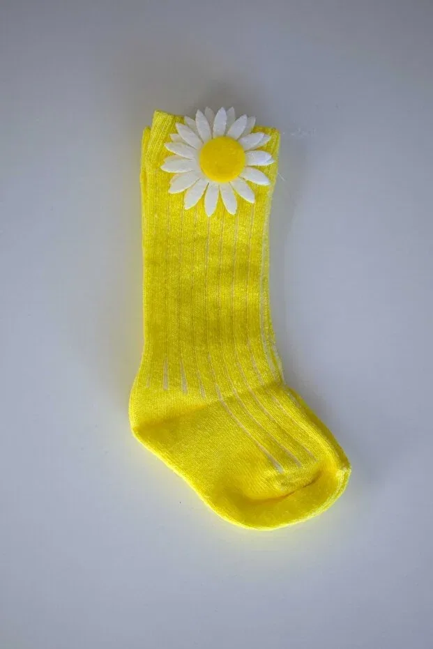 Детские носки для девочек с принтом Daisy Figured Knee-Length Baby Girl Socks Fındık Bebe, Sarı