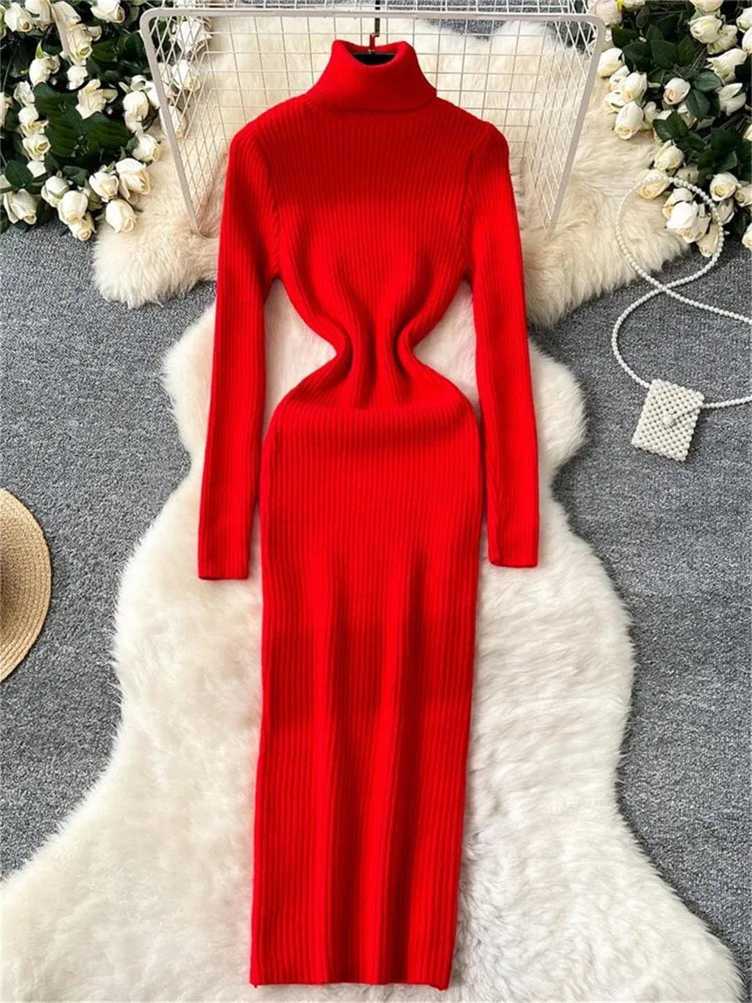 Женское платье-свитер облегающее с воротником-стойкой Generic, Black — фото 2