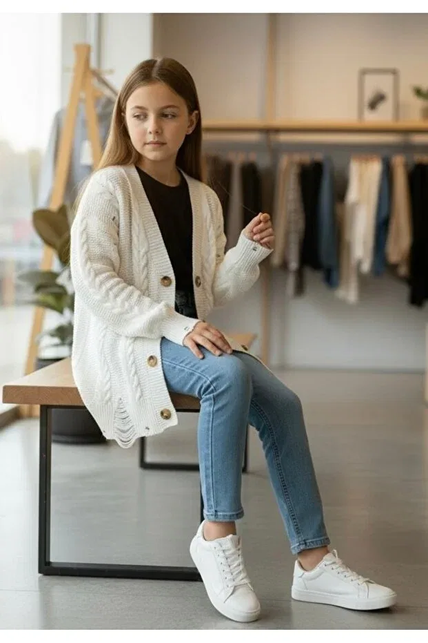 Детский кардиган для девочек с длинным рукавом Minimoda Kids, Ecru — фото 3