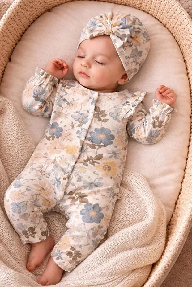 Детский комбинезон для девочек с цветочным принтом O Baby, Beige