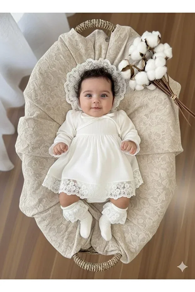 Детский комплект платьев с кружевом Organic Muslin Fabric Lace Detailed Biya Baby, Ecru — фото 4