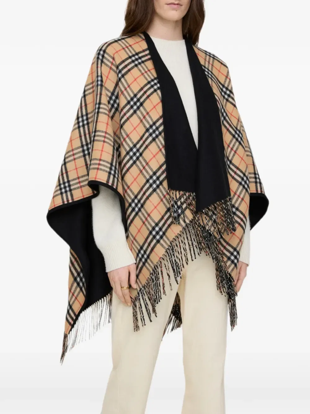 Двусторонний шерстяной кейп в клетку от Burberry, черный — фото 3