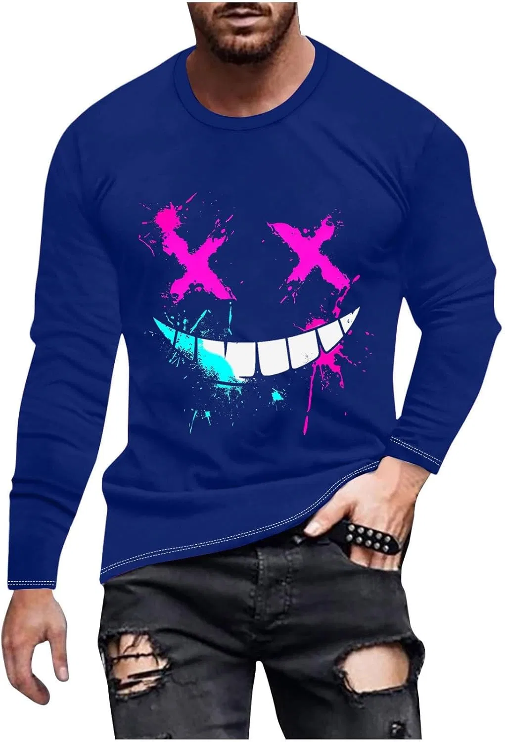 Мужская футболка с граффити X-Eye-Face Long Sleeve Pullover, Blue