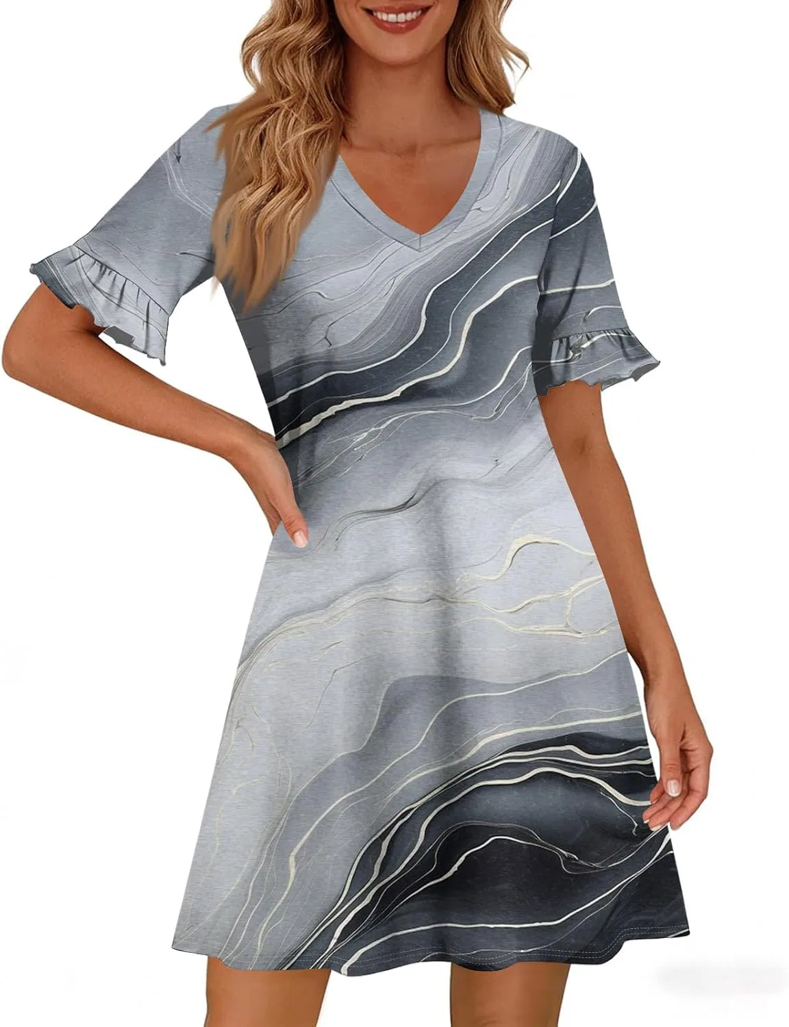Женское летнее платье с рюшами A-line, V-образный вырез, 2-light Gray — фото 2