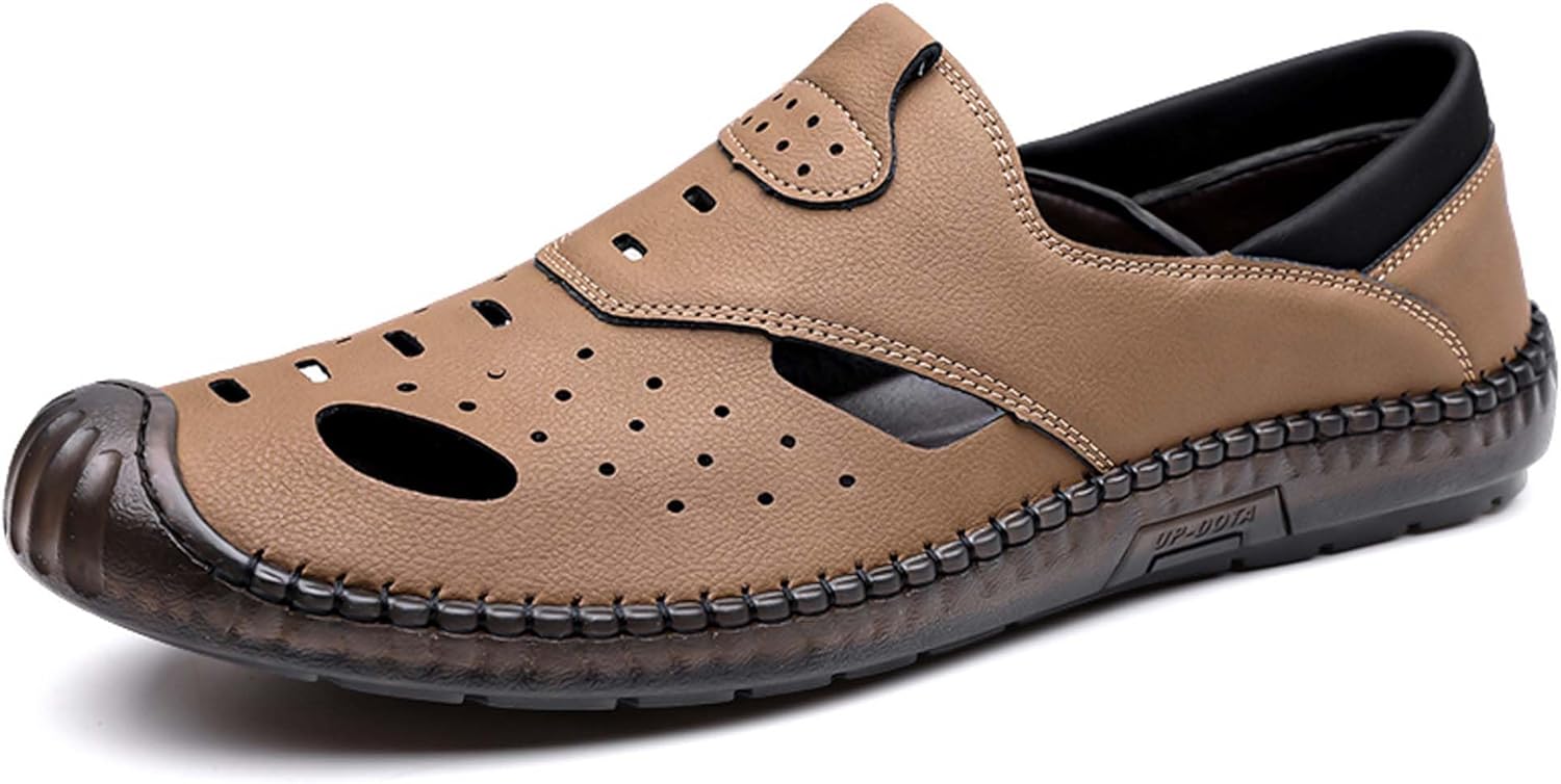 

Мужские кожаные летние босоножки с вырезами для бизнеса, походов, спорта, пляжа, рыбалки, на открытом воздухе, дышащие, с противоскользящей подошвой, повседневные и формальные сандалии Generic, коричневый