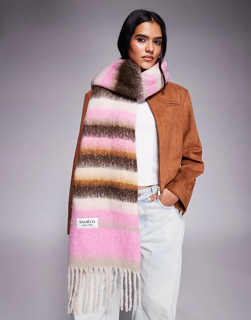 

Большой шарф Kiwi & Co Golden Hour с кисточками и начесом в розово-коричневую полоску