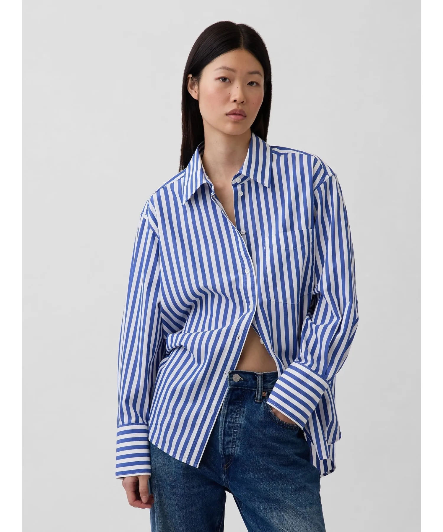(W) Рубашка оверсайз из органического хлопкового поплина GAP, LIGHT_BLUE_STRIPE