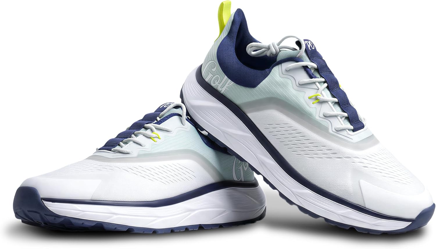 

Мужские гольф туфли Stratus без шипов с пеной QuantaCloud, Непревзойденная облакоподобная амортизация для всей прогулки, Верх премиум-класса для любой погоды, Универсальность от поля до клуба Paul Caicos, белый/синий/серый