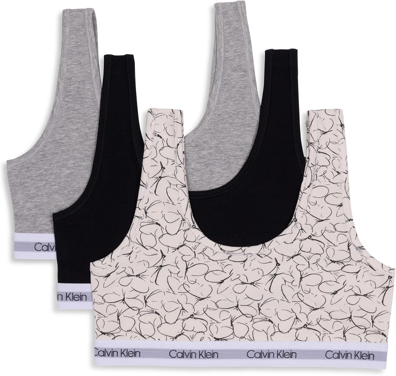 

Комплект из 3 бюстгальтеров-бралеттов Calvin Klein Girls Modern Cotton, Butterfly Vanilla/Black/Heather Gray