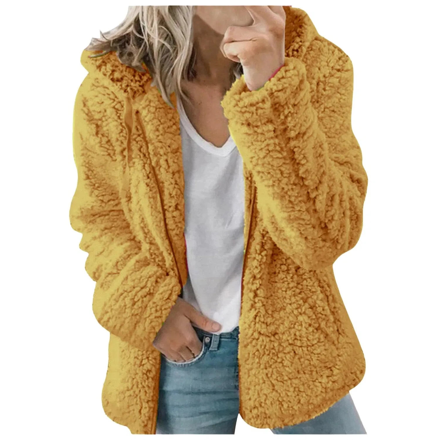 Женское пальто с капюшоном и молнией, свободного кроя, с карманами, giallo