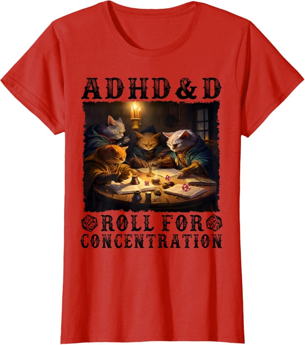 

Женская футболка Funny Tees Gamer RPG Apparel Cats RPG Gamer Roll For Concentration, красный