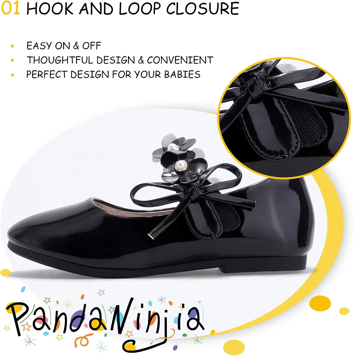 Детские туфли-балетки для девочек с жемчугом PANDANINJIA, Black Patent — фото 3