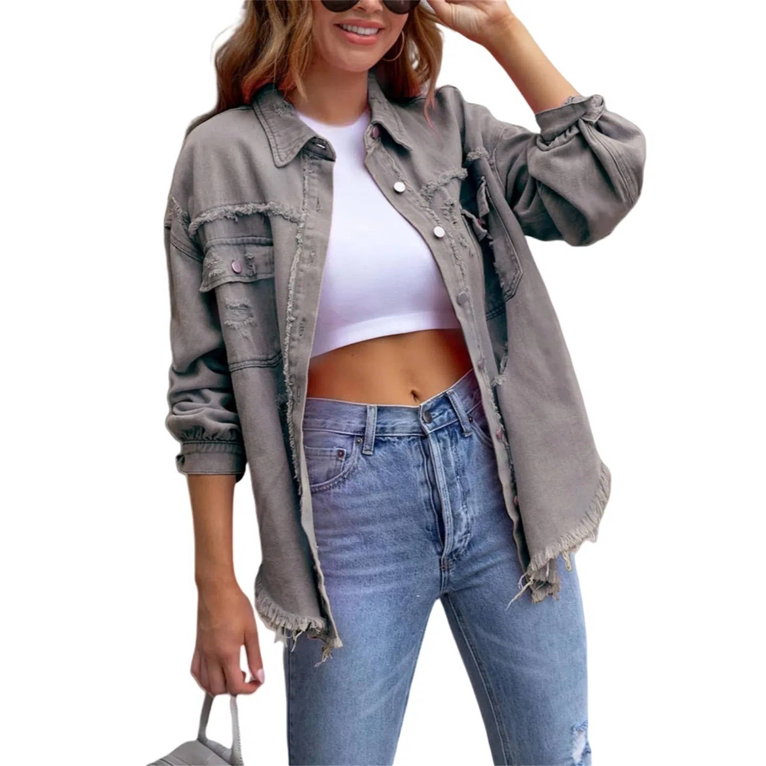 Женское джинсовое пальто с бахромой Western Shacket, Grigio chiaro