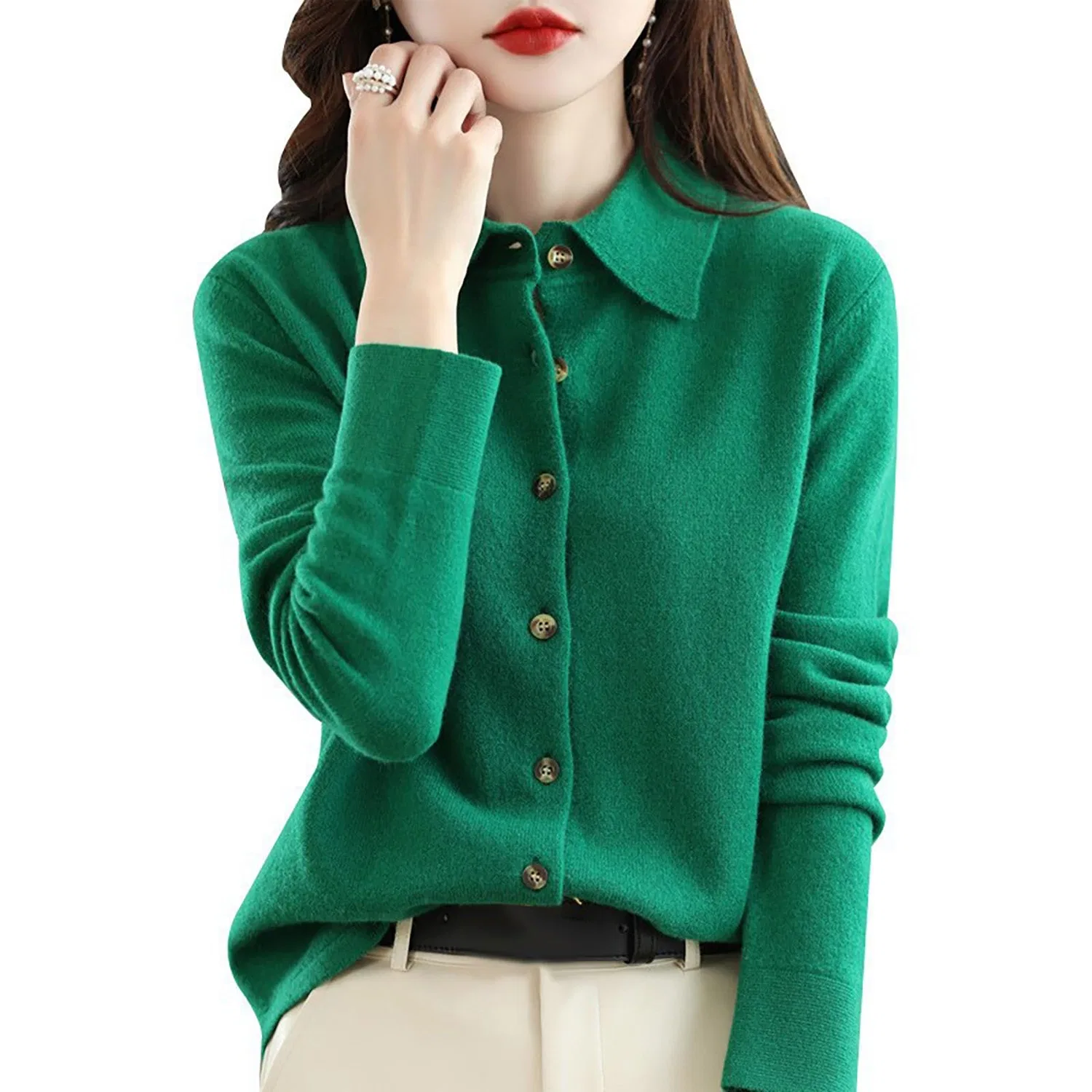 Женский кардиган с длинным рукавом Knitted Sweater for Women, green — фото 2