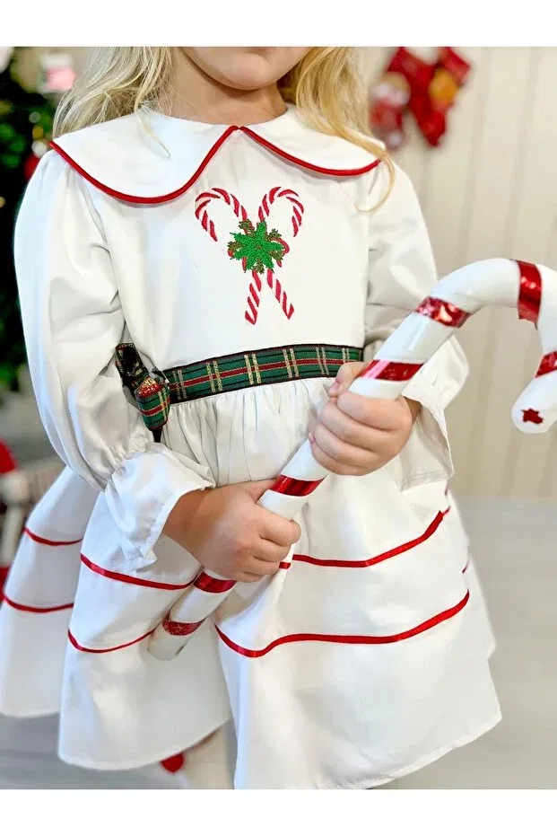 Детское платье для девочек с длинным рукавом Lorin girl's christmas dress Pinkitokids, White