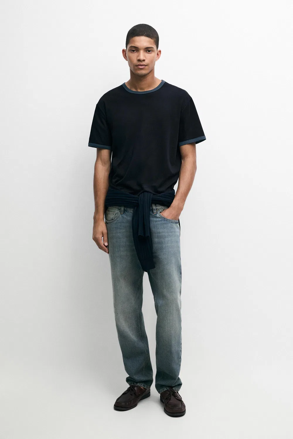 Футболка Massimo Dutti, хлопковая, контрастный вырез, темно-синий