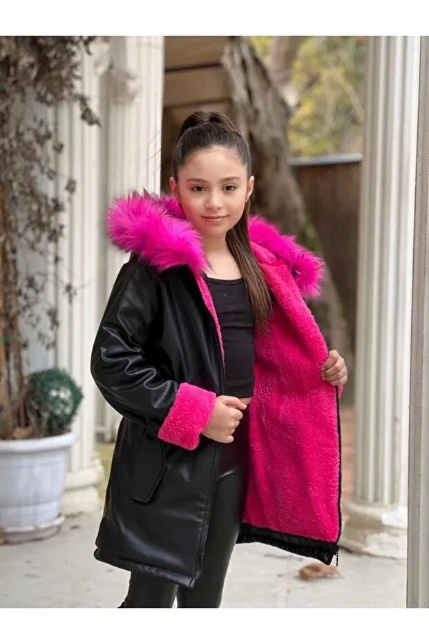 Детское пальто для девочек с капюшоном Black Leather Coat Dudor Kids, Black Fuchsia Pink