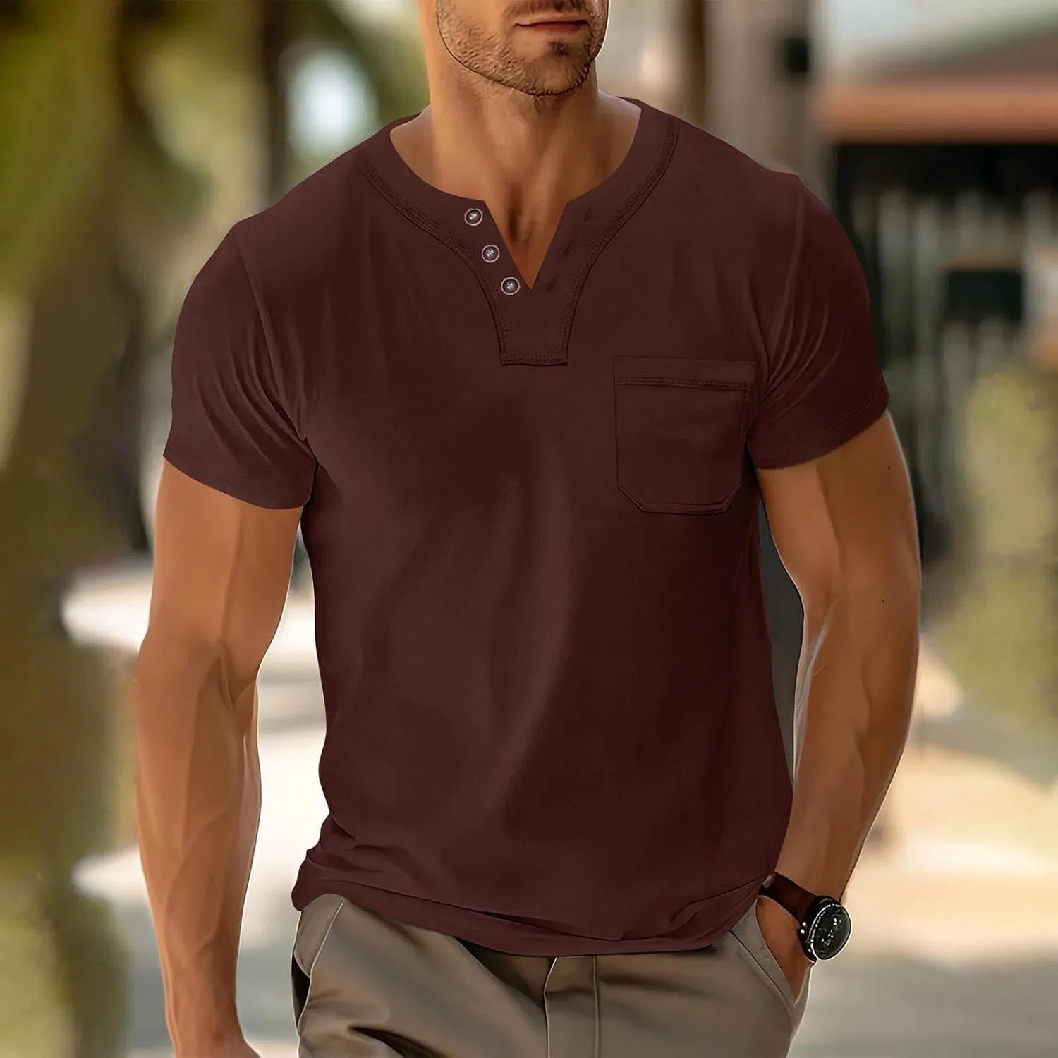 Мужская свободная футболка с карманом Henley Neck, Wine — фото 2