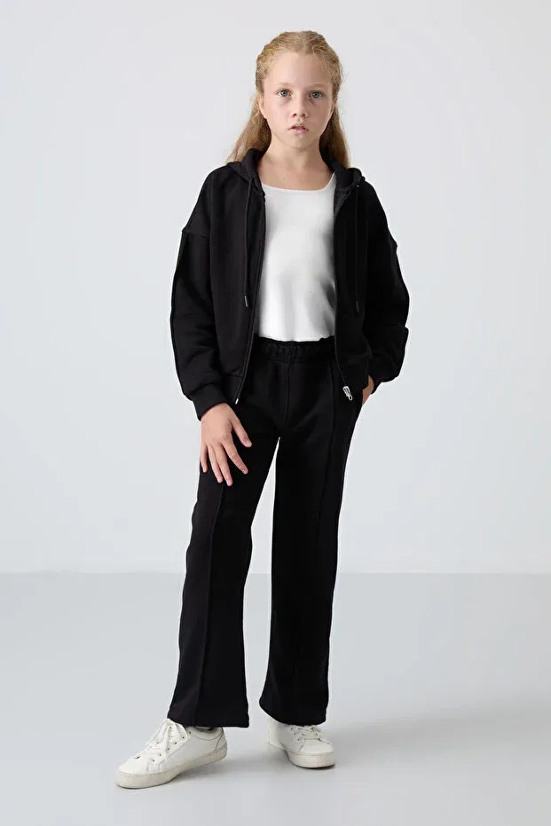 Детский спортивный костюм для девочек с вышивкой Black Cotton Furry Inside Soft Textured Standard Fit Embroidered Girl's Tracksuit Set Tommy Life, Black Black