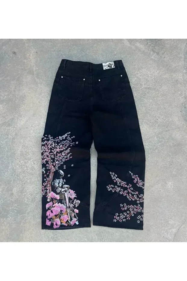 Детские джинсы свободного кроя с принтом Sakura flower embroidered Weekeep, Black
