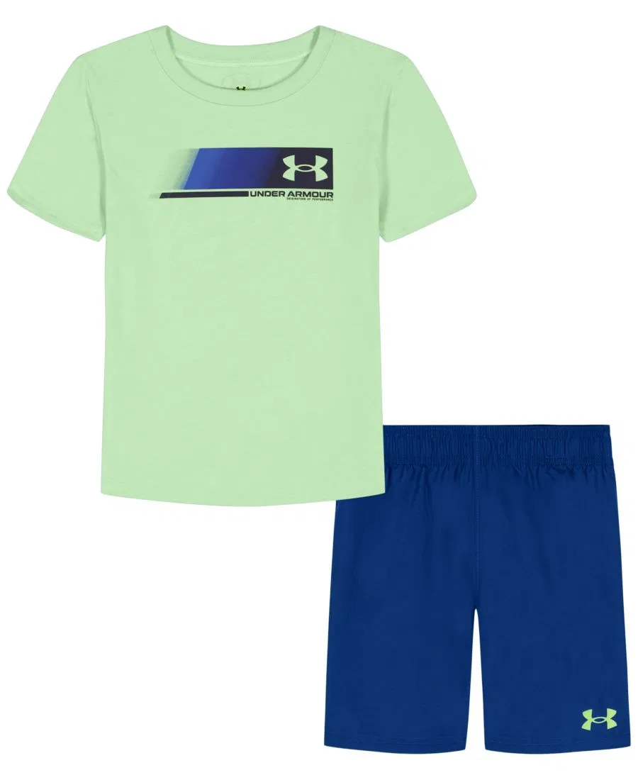 Комплект детской футболки и шорт с принтом, модель Short-Sleeve T-Shirt and Shorts Under Armour, Lumos Lime Navy Blue — фото 3