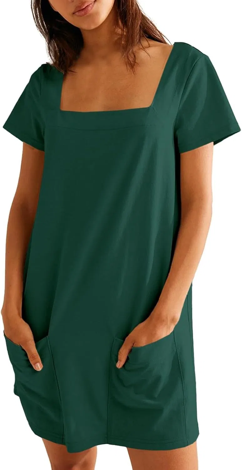 Женское мини-платье с квадратным вырезом и карманами, Dark Green