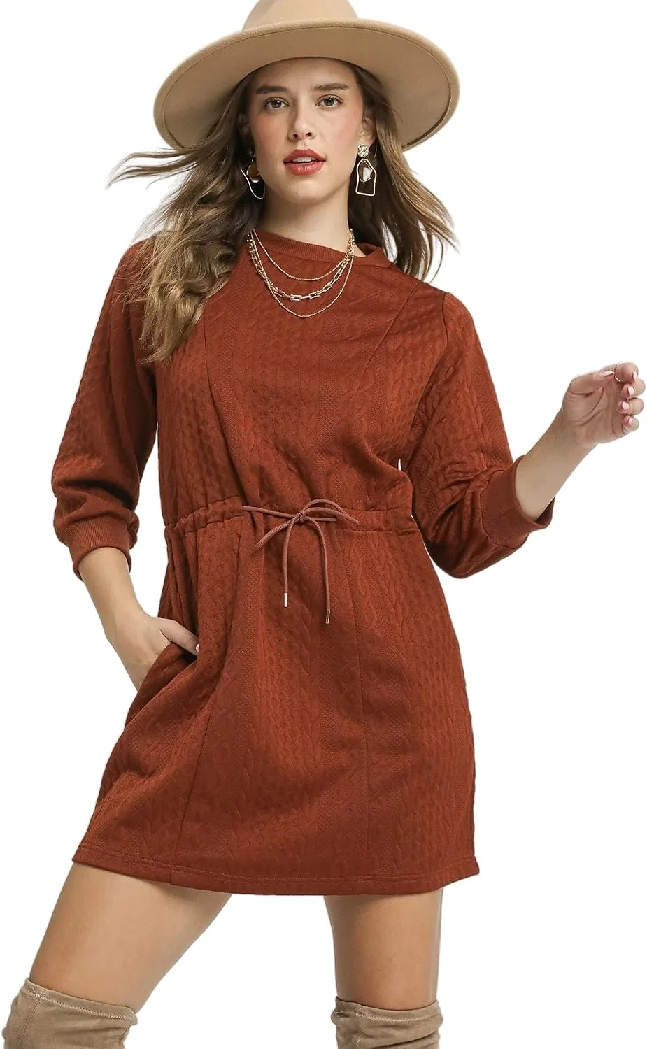 Женское мини-платье с кабельной вязкой, Drawstring Cable Knit Mini Dress, Rust