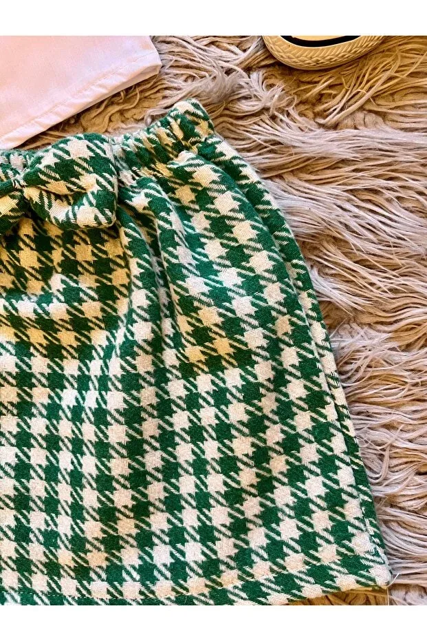 Детский комплект из рубашки, юбки и банданы с принтом Festive Houndstooth Pattern Bow Enes Baby, Green — фото 2