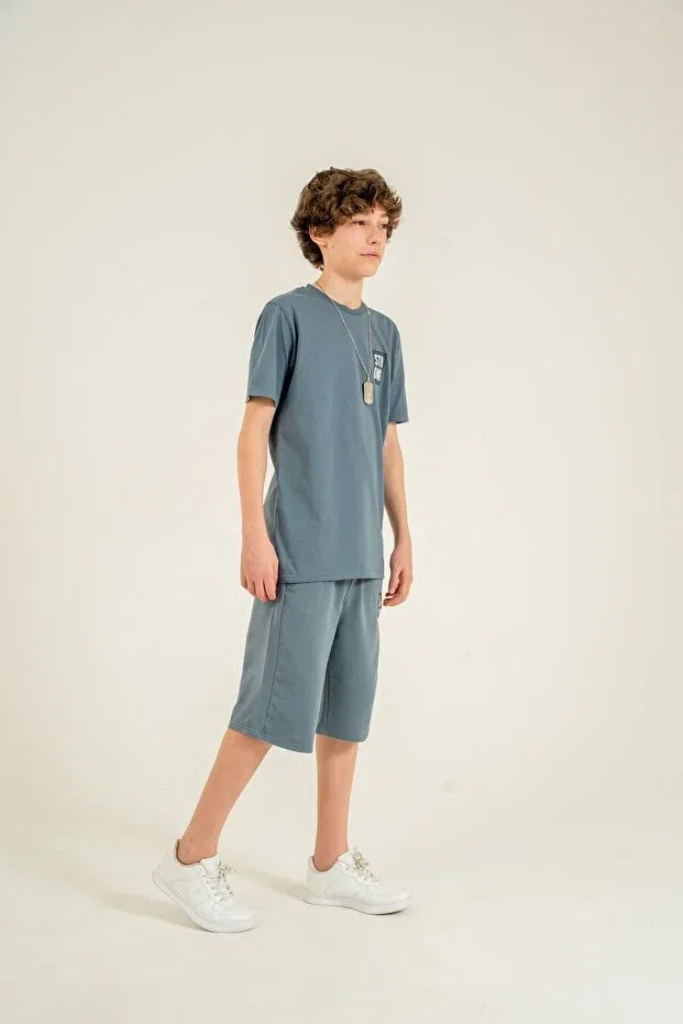 Детский комплект для мальчиков с принтом Strong Printed Boys' Shorts with Pendant - T-Shirt Mışıl Kids, Medium Gray — фото 2