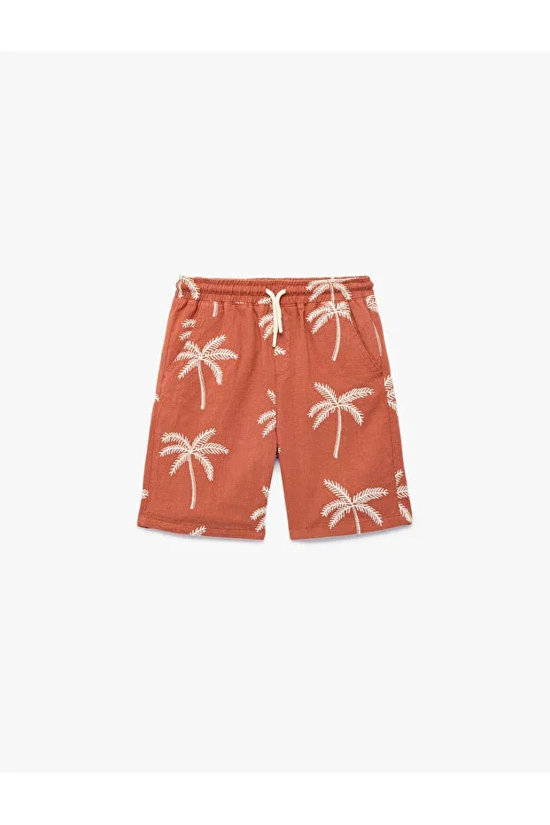 Детские шорты для мальчиков хлопковые Palm tree embroidery detailed cotton shorts with elastic waistband Koton, Brown — фото 4
