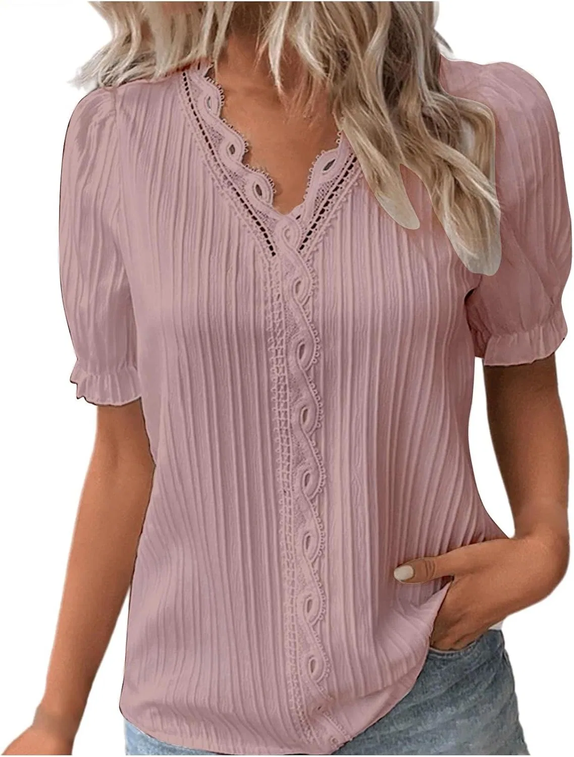 Женская блузка с кружевом, модель Plain Lace, розовый